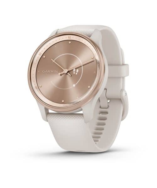 Garmin vívomove® Trend - Ramme i rustfritt stål og fargen Peach Gold med elfenbensfarget urkasse og silikonrem