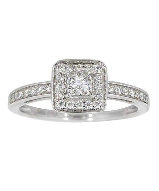 Diamantring 0.25ct. Princess Cut + 0.20Ct. Brillian, Top Wesselton SI, Hvitt gull
