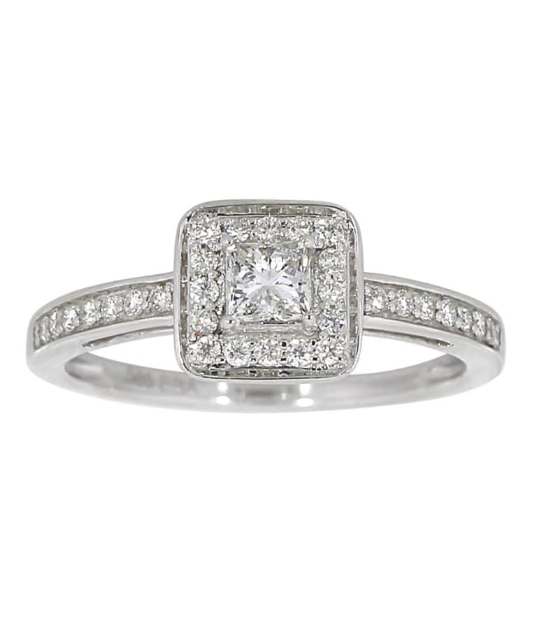 Diamantring 0.25ct. Princess Cut + 0.20Ct. Brillian, Top Wesselton SI, Hvitt gull