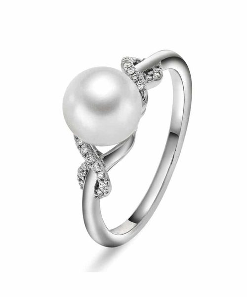 Ring i gull med perle og dia 0,06 ct