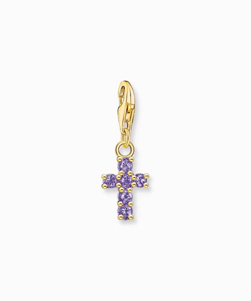 Thomas Sabo Charm pendant cross with amethyst-coloured stones yellow-gold plated
