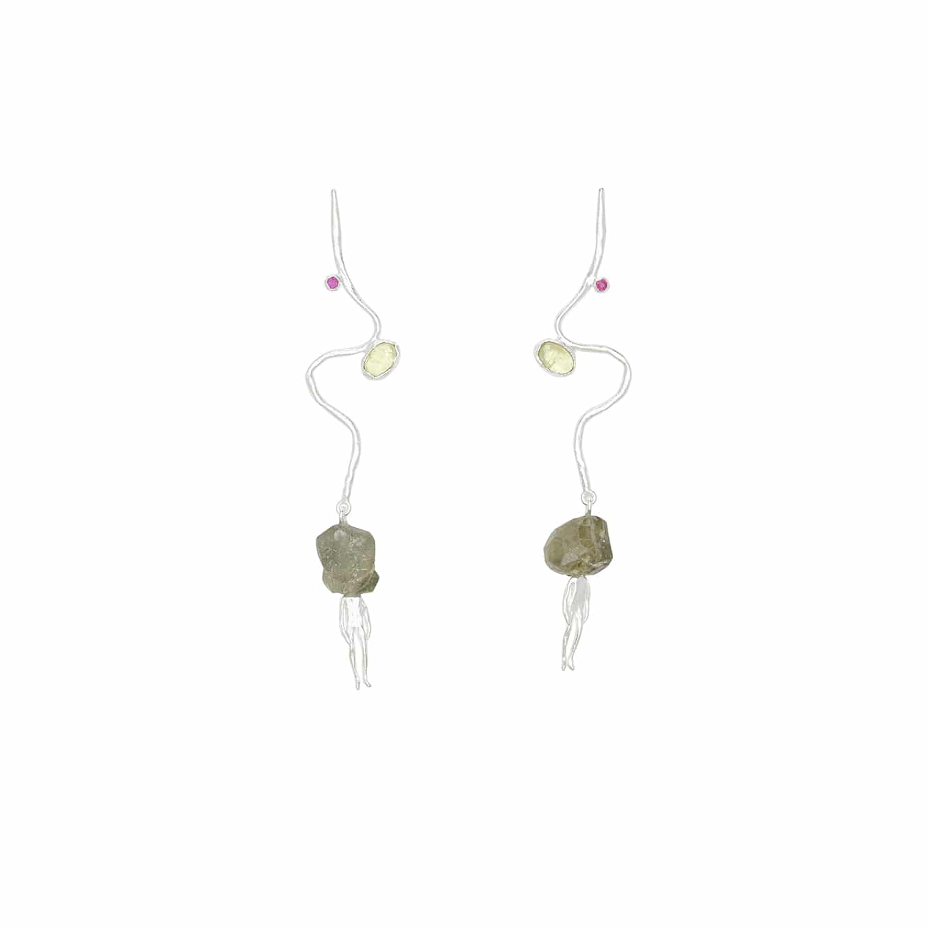 Bjørg Jewellery - A time like dust earpieces, 925 Silver, ruby, peridot, garnet demantoid stones