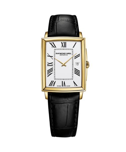 Raymond Weil Toccata Men's Classic Rectangular Gold PVD White Dial Leather Watch 37x29mm - 5425-PC-00300