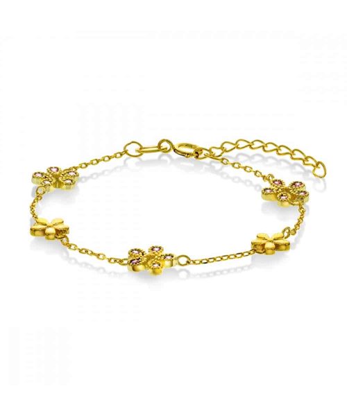 Pia & Per - Armbånd i forgylt sølv med blomster, rosa cubic zirconia