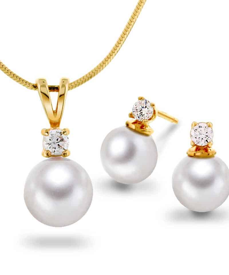 Smykkesett i sølv med perle og zirkonia