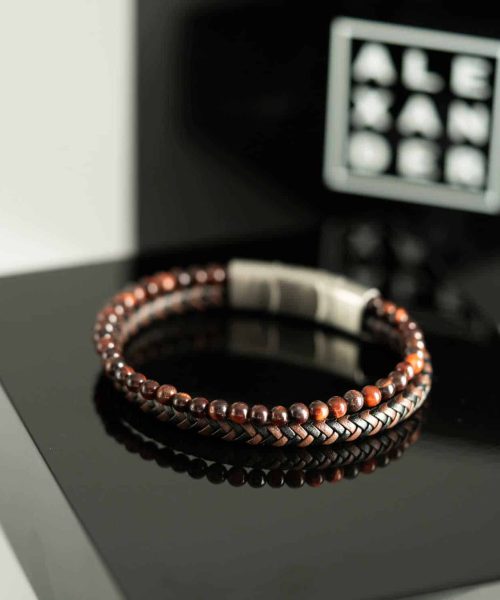 Armbånd i stål m/sort og brunt skinn - Bilde 2