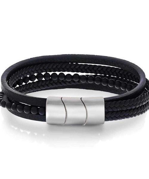 Armbånd i stål, agat og sort skinn