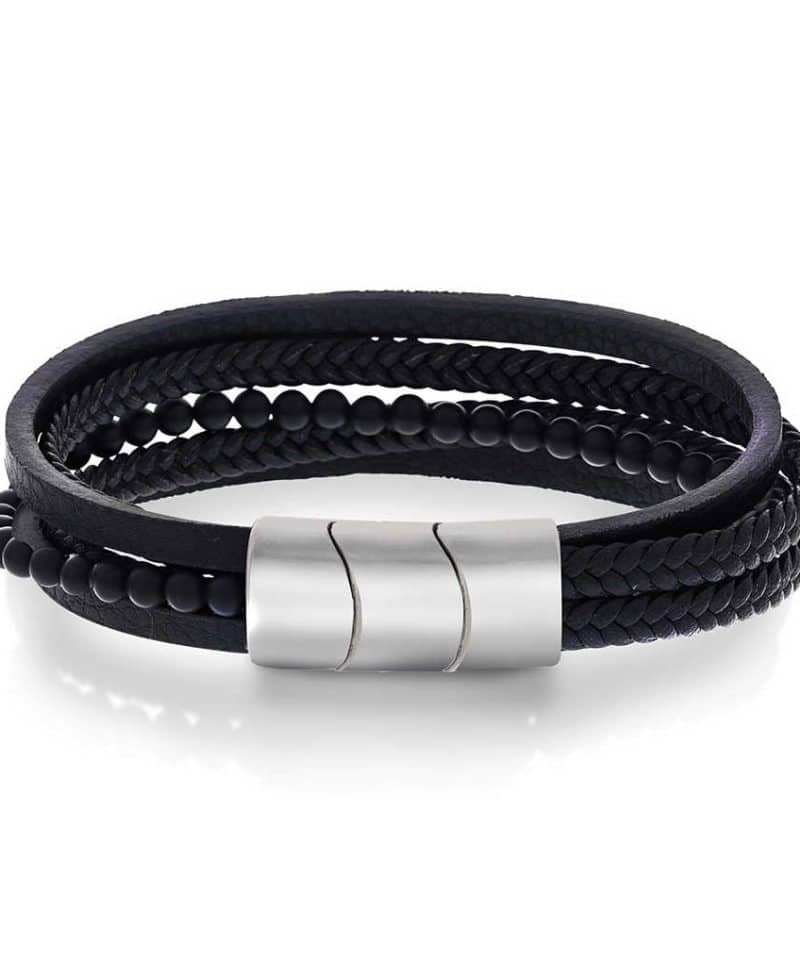 Armbånd i stål, agat og sort skinn