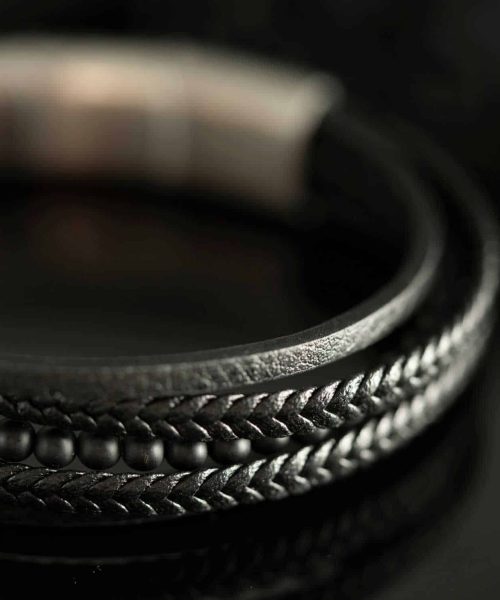 Armbånd i stål, agat og sort skinn - Bilde 3