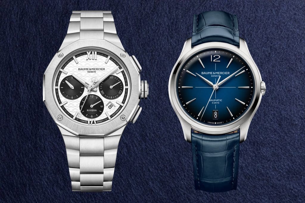 En sølvfarget og en blå baume & mercier klokke