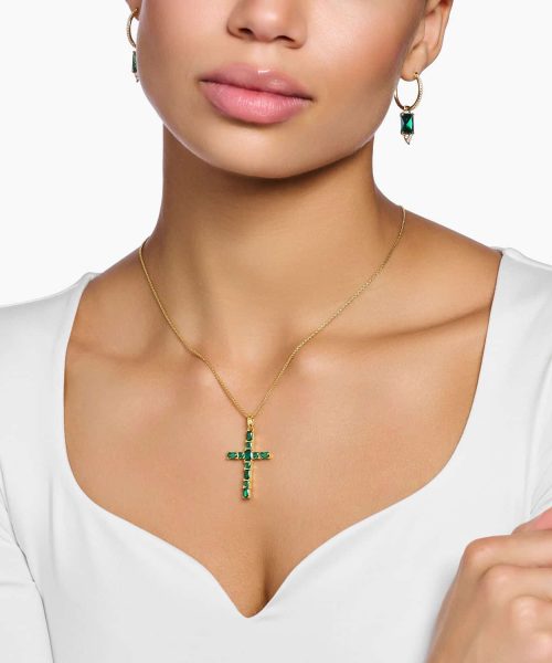 Thomas Sabo Pendant cross with green stones gold plated - Bilde 4