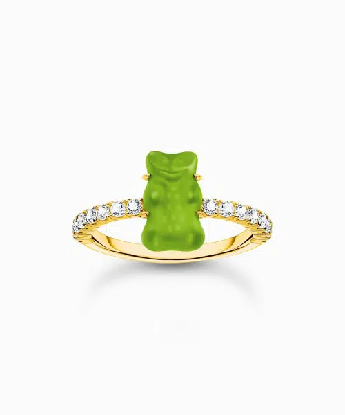Thomas Sabo Gold-plated ring with green mini sized goldbears and zirconia